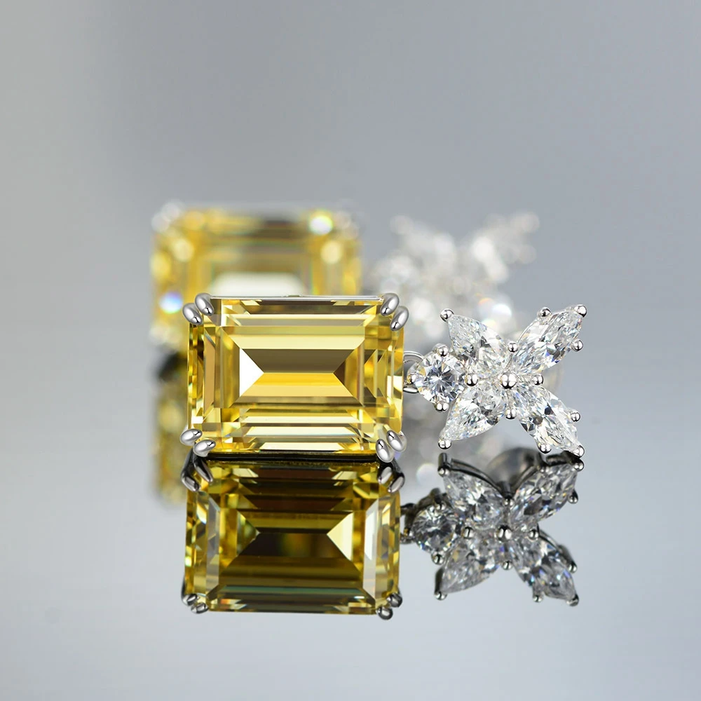 PuBang Fine Jewelry 925 Sterling Silver Luxury Baguette Stud Earrings Yellow Gem Created Moissanite for Women Gift Drop Shipping