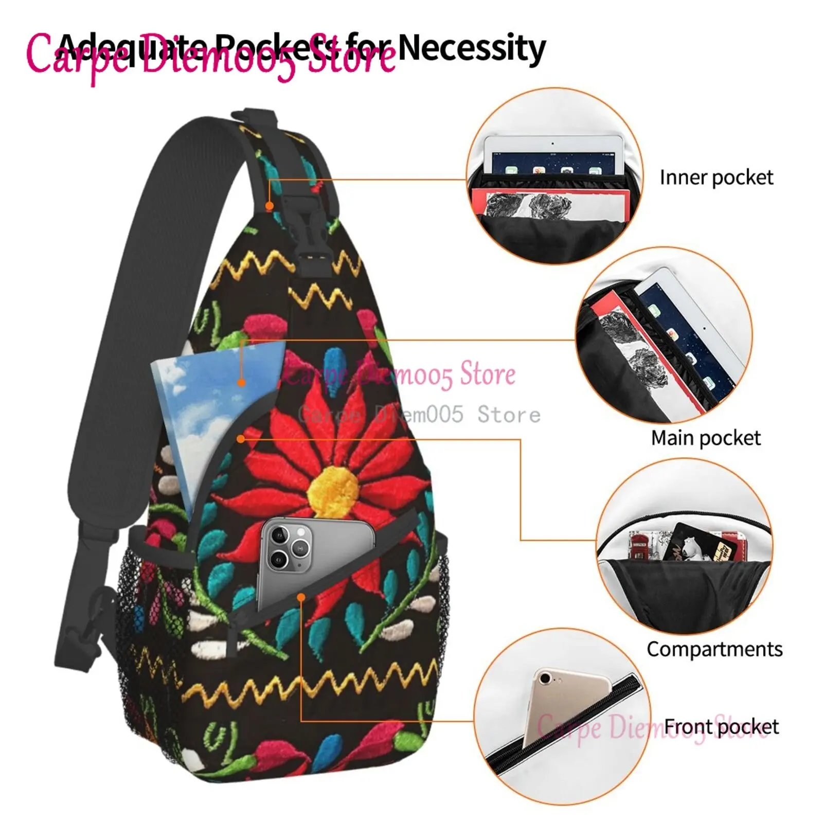 Mexican Flowers 3D Print Embroidery Sling Crossbody Chest Bag Men Shoulder Backpack for Hiking