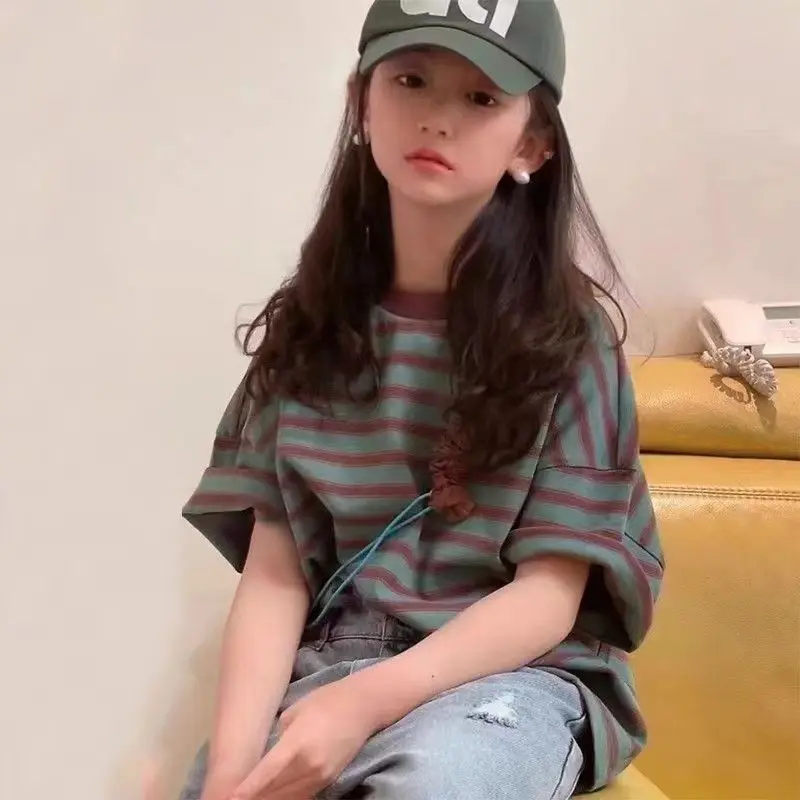 

Children's and Girls' Striped T-shirt Rainbow Versatile Student Short Sleeve Korean Ins Top Trendy