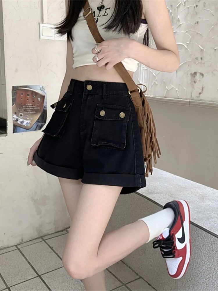 High Waist Double Pocket Pants Shorts Women's Loose Wide Leg Retro Summer Fashion Design Sensation Hot Shorts Trendy