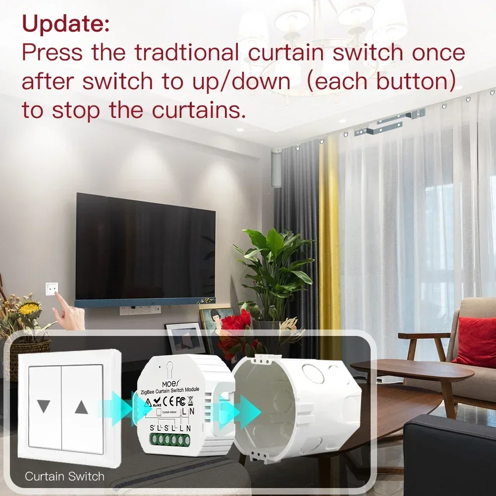 Imagem -02 - Moes Zigbee 3.0 Módulo de Interruptor de Cortina Inteligente Motorizado Persianas de Rolo Motor Tuya Smart Life Alexa Echo Google Home