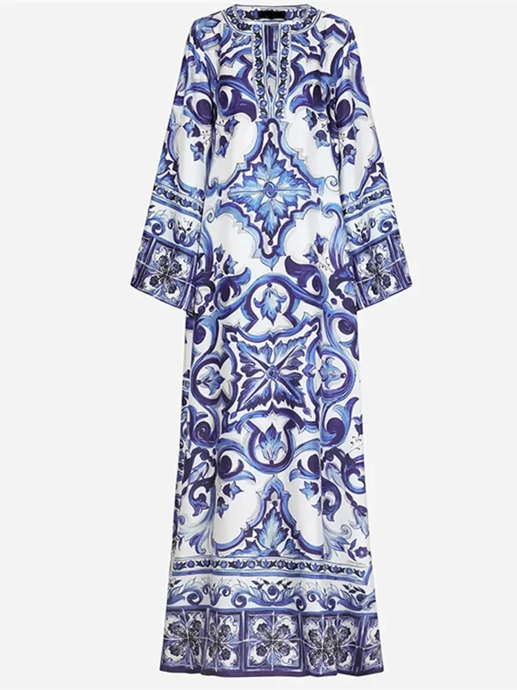 

Newest Autumn Runway Loose Maxi Dress Women Blue and White Porcelain Flower Print Bohemian Side Split Long Vestidos Female Robe