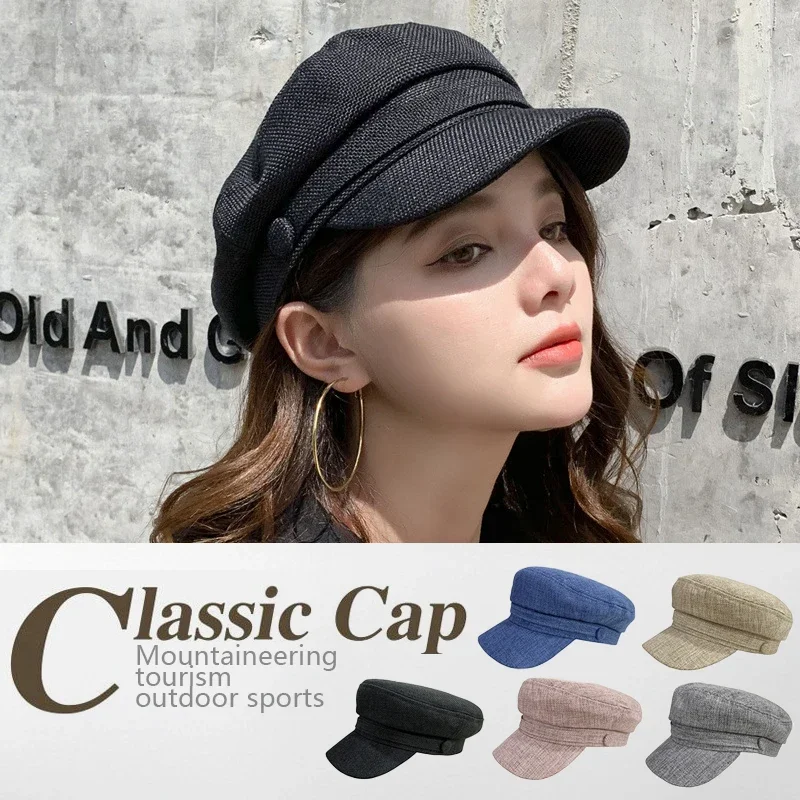 Fashion Solid Visor Military Hat spring and Autumn Linen Breathable Beret Cap For Women Retro England Style Flat Cap