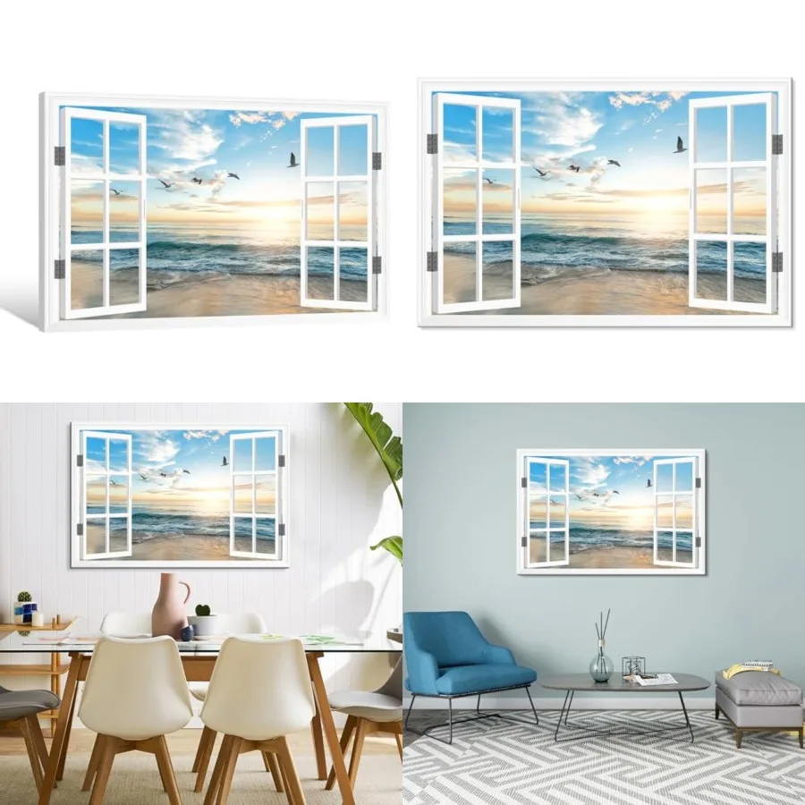 

Ocean Beach Sunset Window Canvas Wall Art for Bedroom Seagull Seascape Paintings Coastal Picture Framed Artwork for Bathroom Living Room Office Decor 36" x 24"