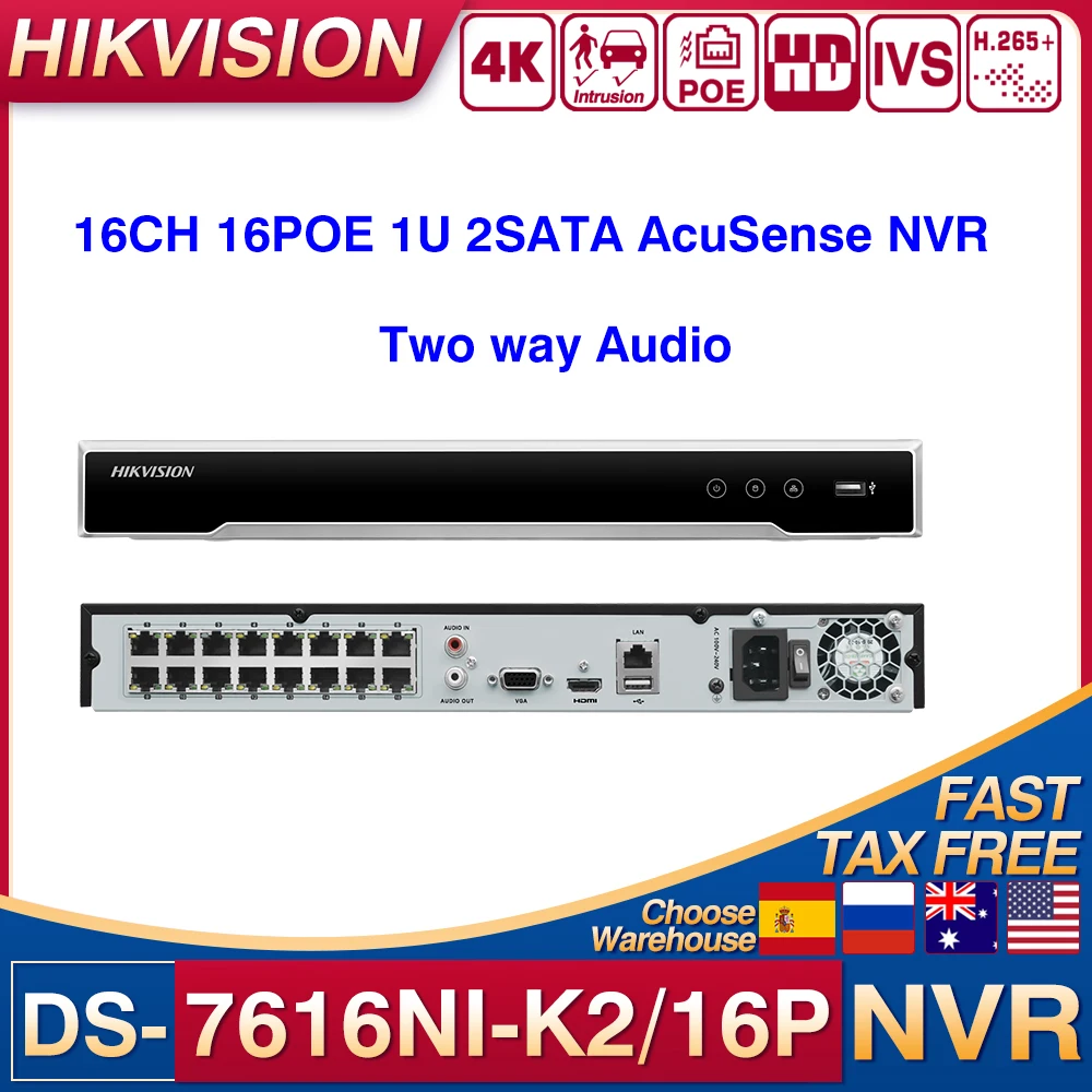 Hikvision Original 8MP 4K 8CH 8POE DS-7608NI-K2/8P 16CH 16POE DS-7616NI-K2/16 Network Video Recorder 2SATA Security Surveillanc