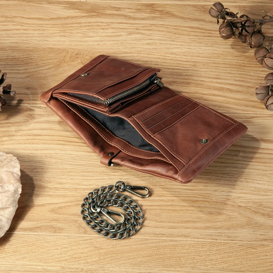 Genuine Leather Men Wallet with Anti-lost Chain, Bifold Purse with Zipper Coin Pocket & Card Slots Cash Bill Storage Wallets