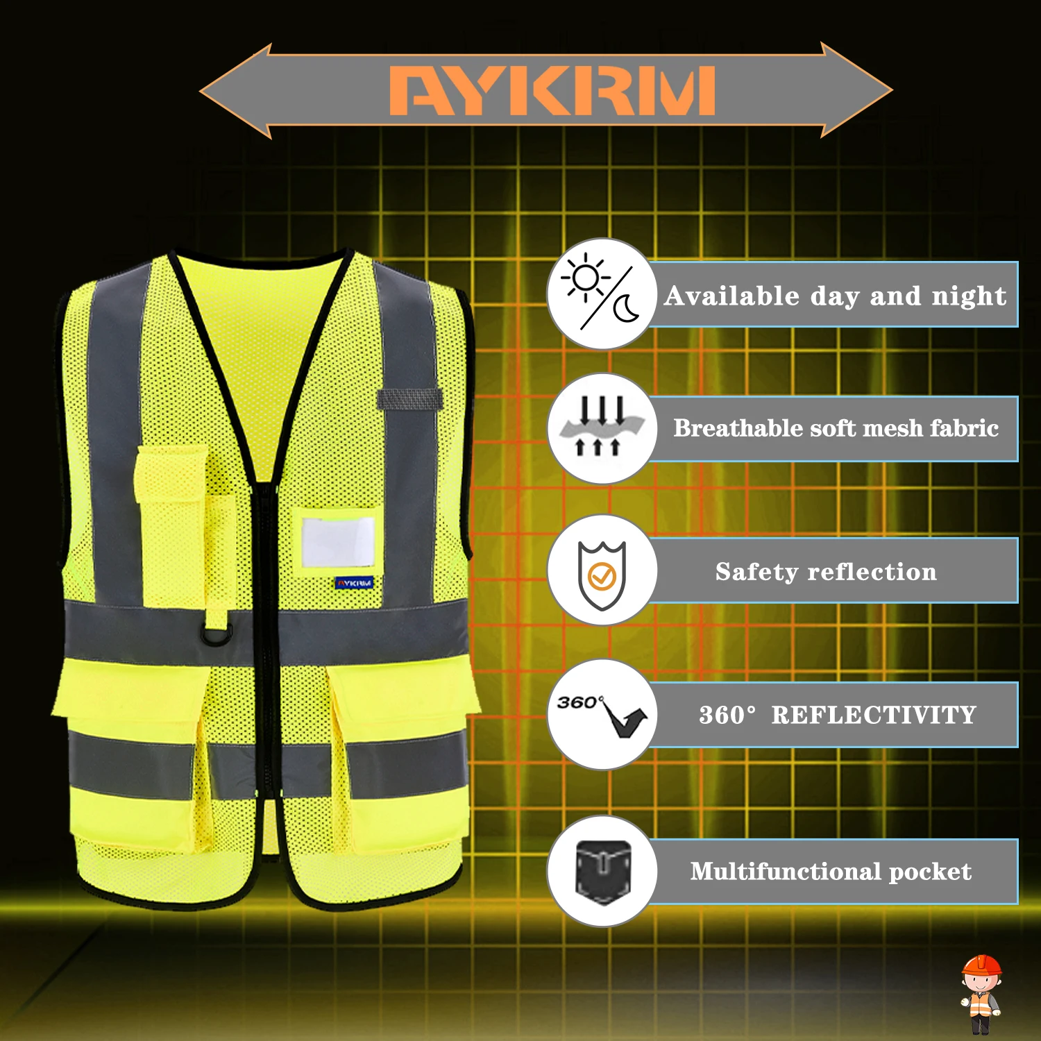 AYKRM 21 Colour (XS-8XL) Hi Vis Viz High Visibility Reflective Zip Pocket Security Waistcoats Jacket Workwear Vests