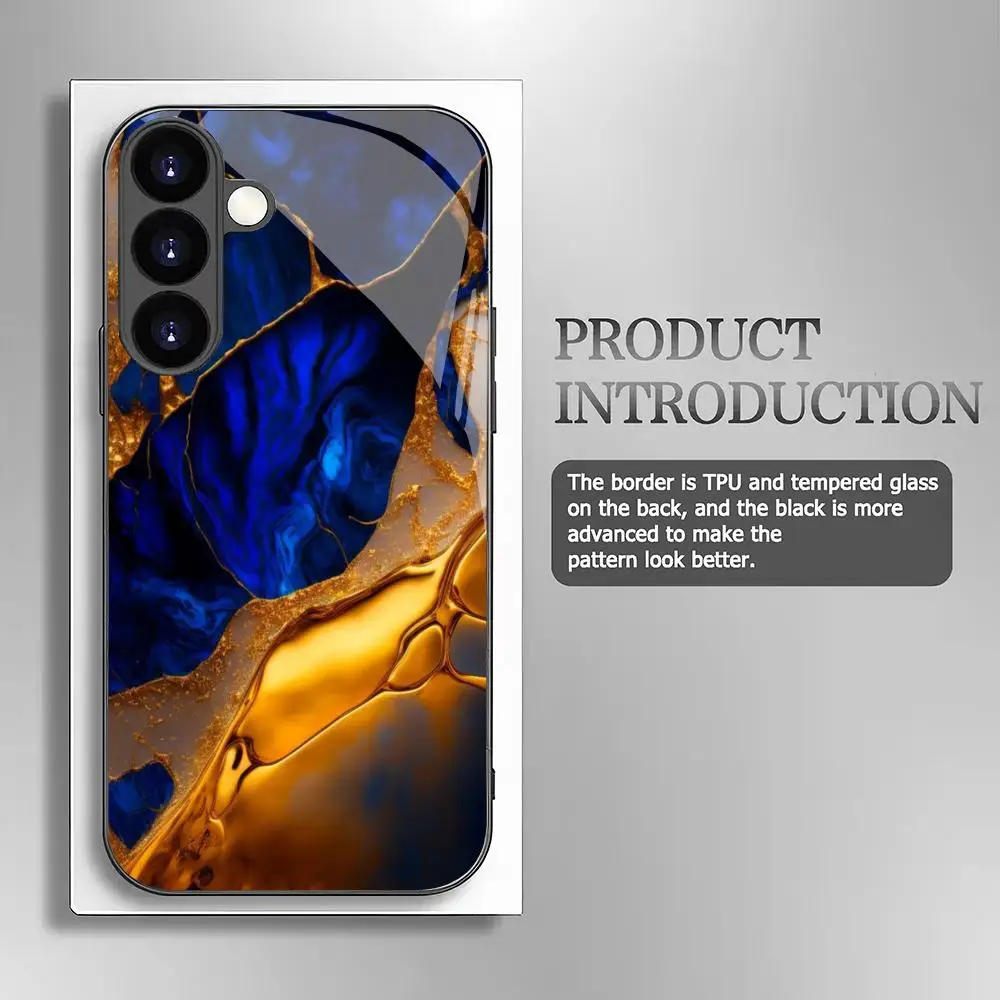 Blue gold fluid texture glass phone case suitable for Samsung Galaxy S26 S25 S24 S23 S22 S21 S20 FE/Ultra/Plus anti drop
