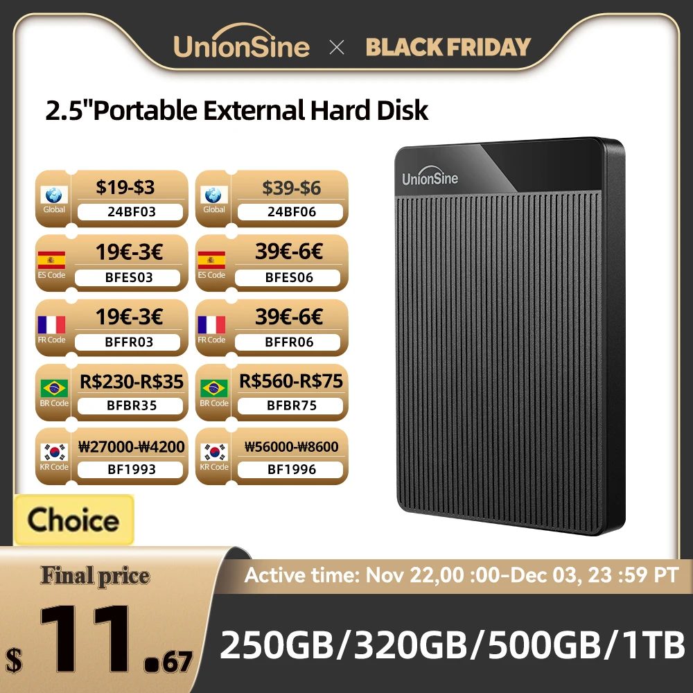 UnionSine HDD 2.5'' Portable External Hard Drive 2tb/1tb/500gb/750gb USB3.0 Storage Compatible for PC,Mac,Desktop,MacBook,Xbox