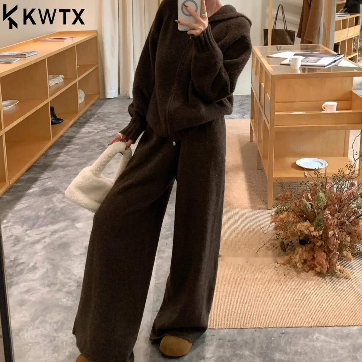 

KWTX 2025 New Women's Hooded Tracksuit Set Casual Zip-Up Sweater & Wide Leg Pants Two Piece Outfit Fall Winter Elegant Joggers