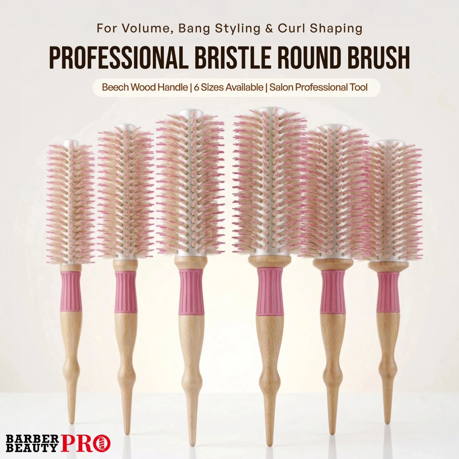 

Professional 6 Sizes Barber Boar Bristle Wood Handle Round Hair Brush , Salon & Home Volume Styling Tool for Bangs, Curls
