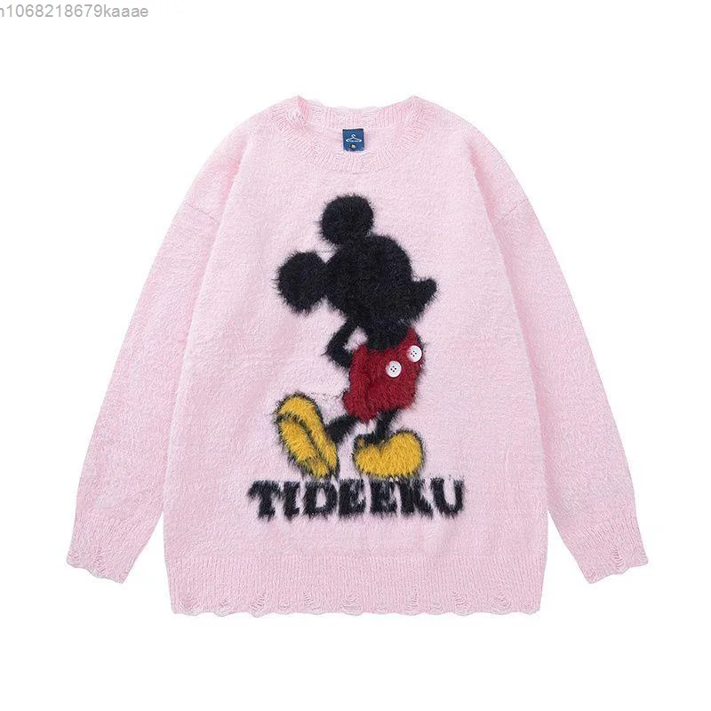 Disney การ์ตูน Mickey คู่รัก Jacquard คอกลมถักเสื้อกันหนาวสไตล์เกาหลีอินเทรนด์หลวมขี้เกียจสไตล์ลําลองเสื้อสวมหัวอเนกประสงค์