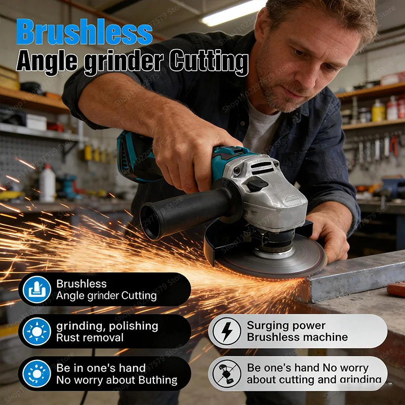 

125mm M14 Brushless Angle Grinder Cordless Power Tool Cutting Grinding Polishing Compatible for Makita 18V Li-ion Battery Pin