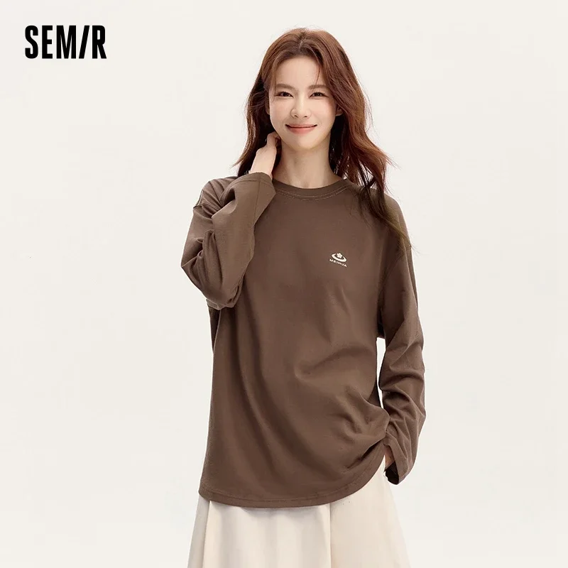 

Футболка Semir Женская с длинным рукавом, однотонный хлопковый топ оверсайз средней длины с принтом цветка сливы, осень 2024