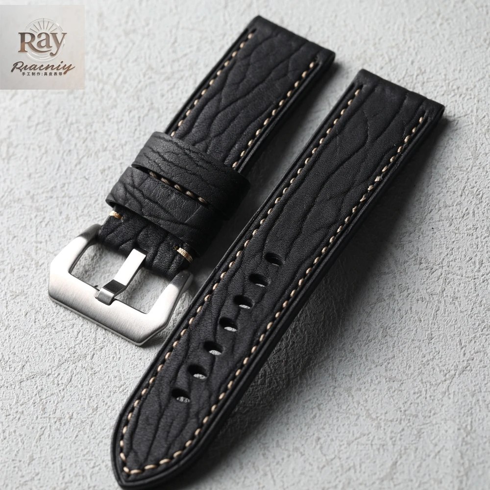 

Ремешок из натуральной кожи ручной работы с рисунком акулы, верхний слой кожи 20 мм, 22 мм, черный ремешок толщиной 24 мм, ремешок для часов в стиле ретро