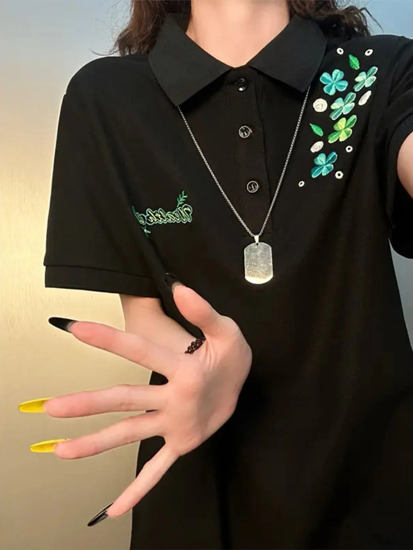 Four-leaf Clover Embroidery  Shirt Short Sleeve Men Summer Heavyweight T-shirt American Couple Match Turn-down Collar ...