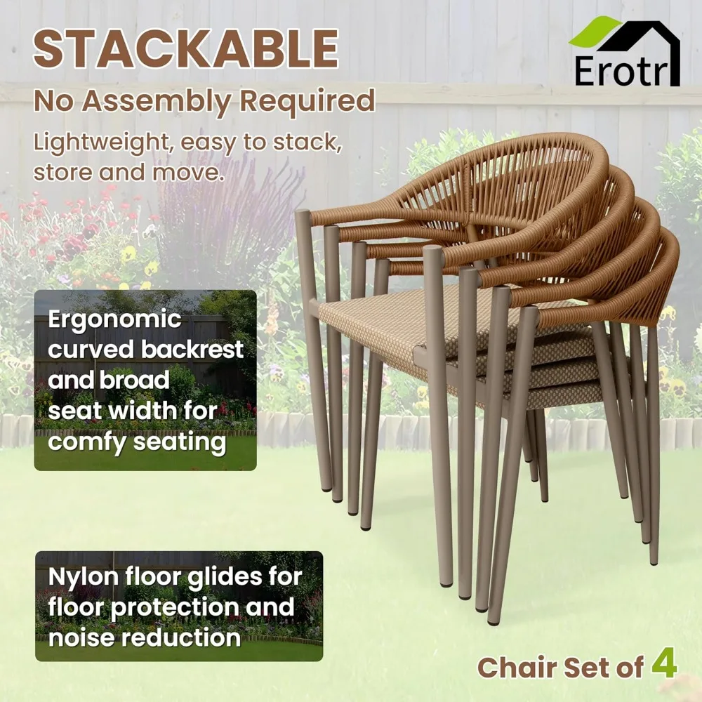 "Set 4 Kursi Teras Stackable - Rotan Aluminium dengan Tali & Lengan Tenun" ​