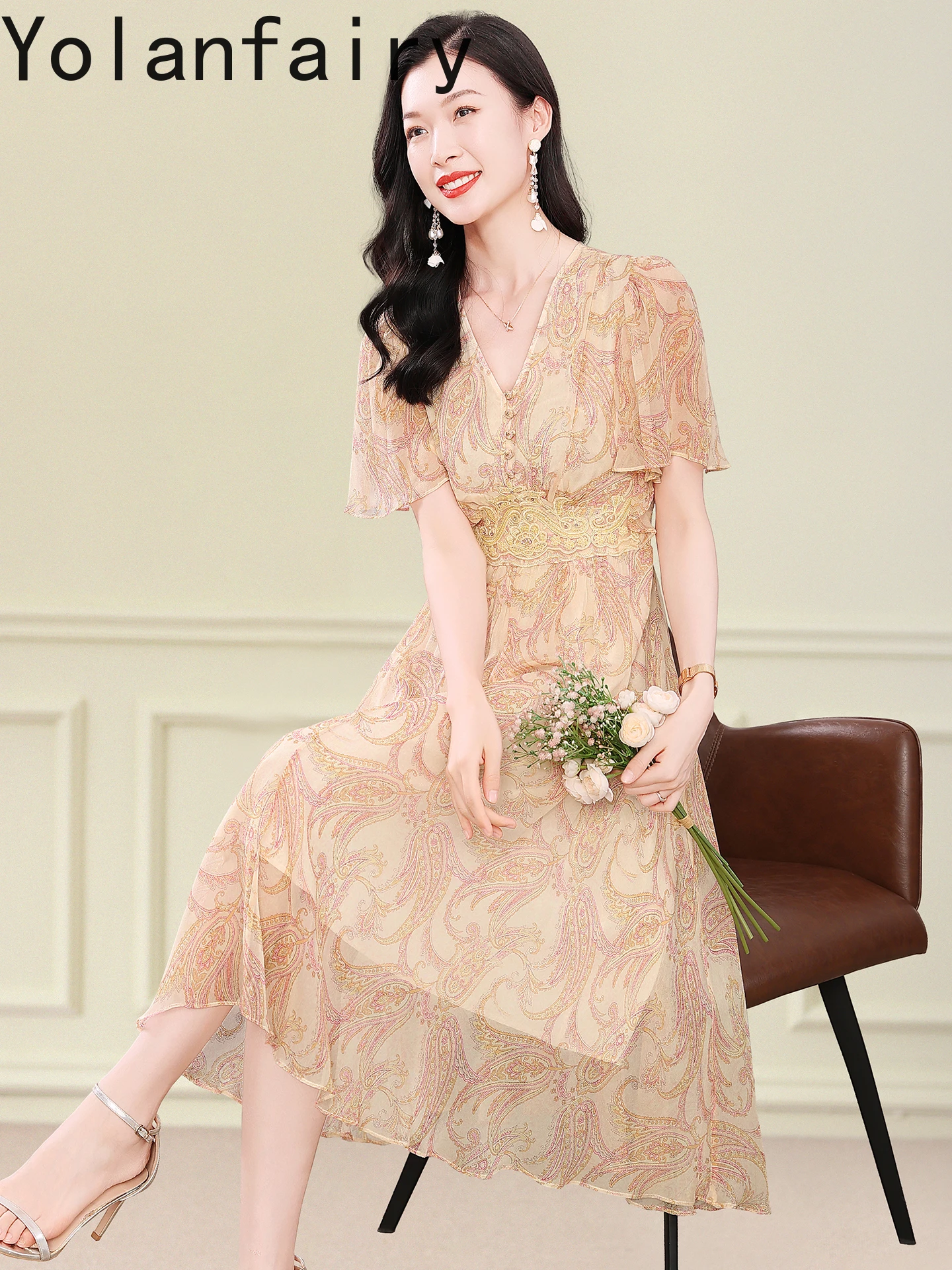 YOLANFAIRY Fashion 100% Natural Mulberry Silk Women Dress Summer Luxury Cinched Waist Dresses Woman V-neck Floral Beach Dress