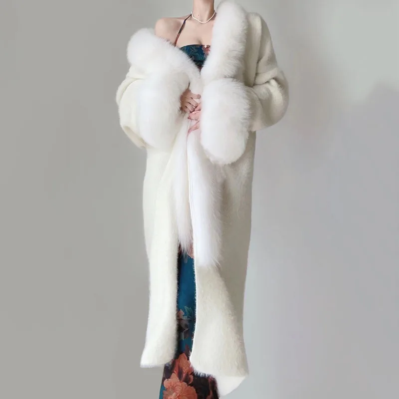 

Plus Size Women Wool Coat With Real Fox Fur Scarf Women Luxury Long Sleeve Loose Long Jacket Outwear With Real Fox Fur Cuff