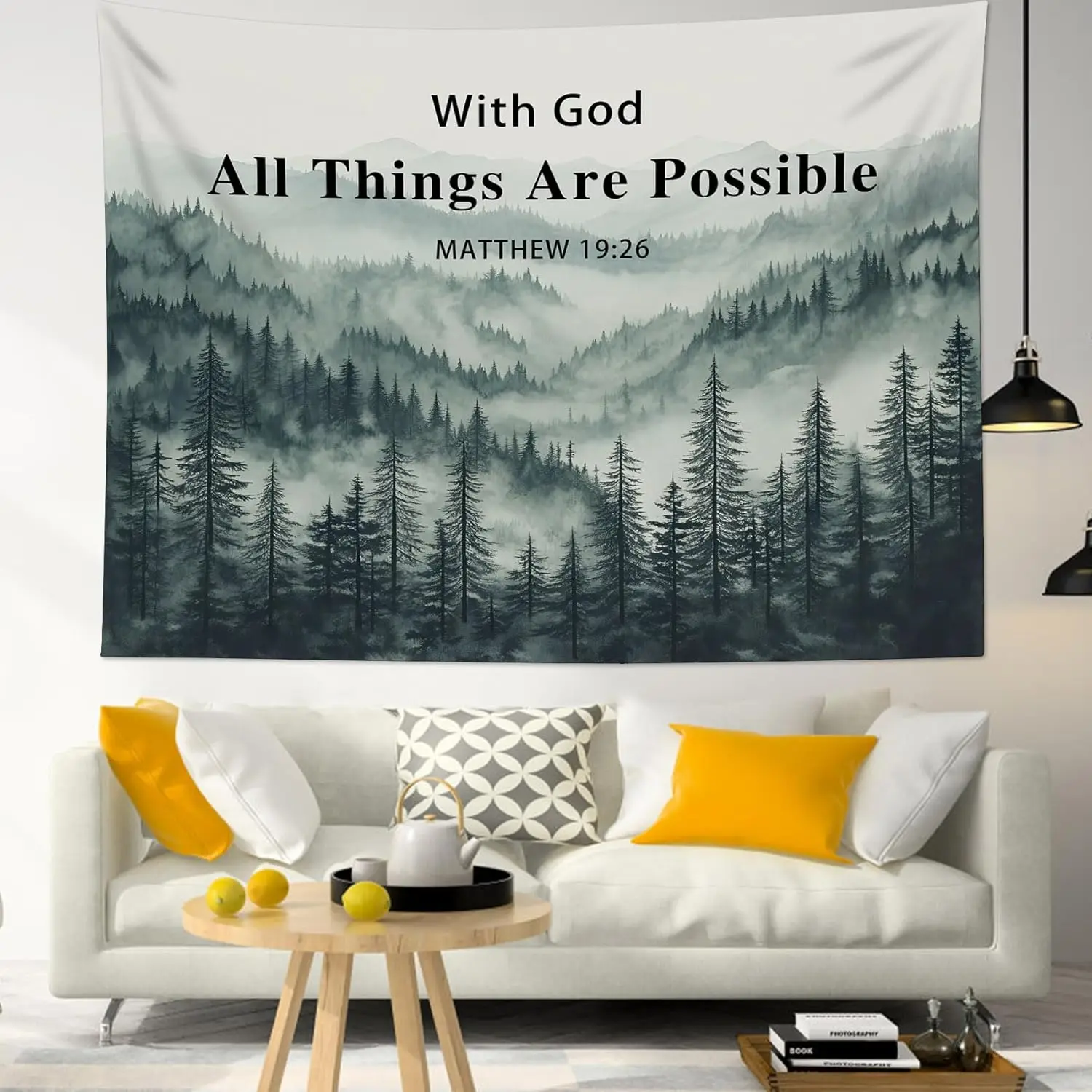 Christian Forest Mountain Tapestry Bible Verse with Green Pine Tree Plant Tapestry Wall Hanging Botanical Woodland Nature