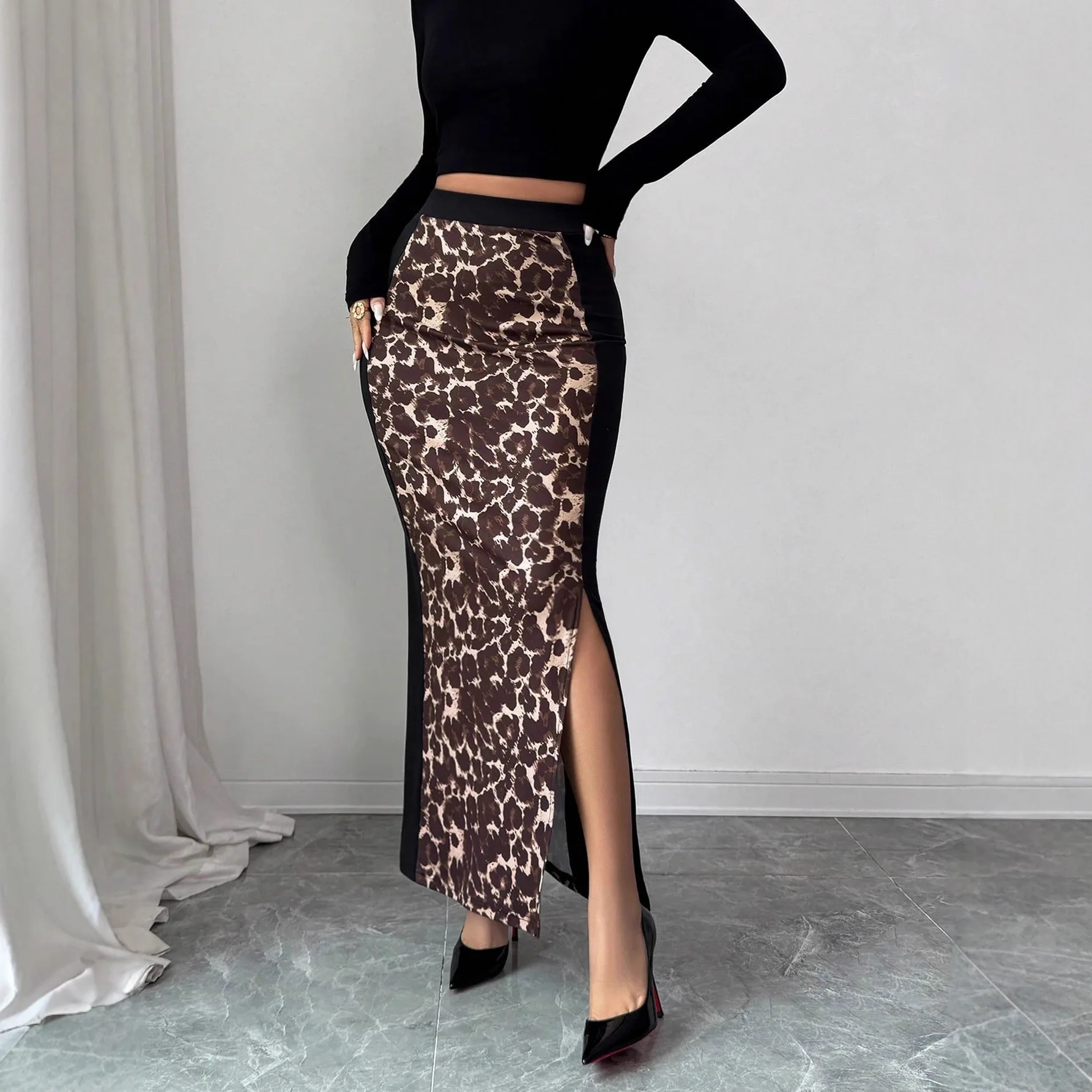 2026 New Leopard Print Patchwork High-waisted Slim Fit Bodycon Skirt With Slit Design For Women Outfits Elegant Vestidos