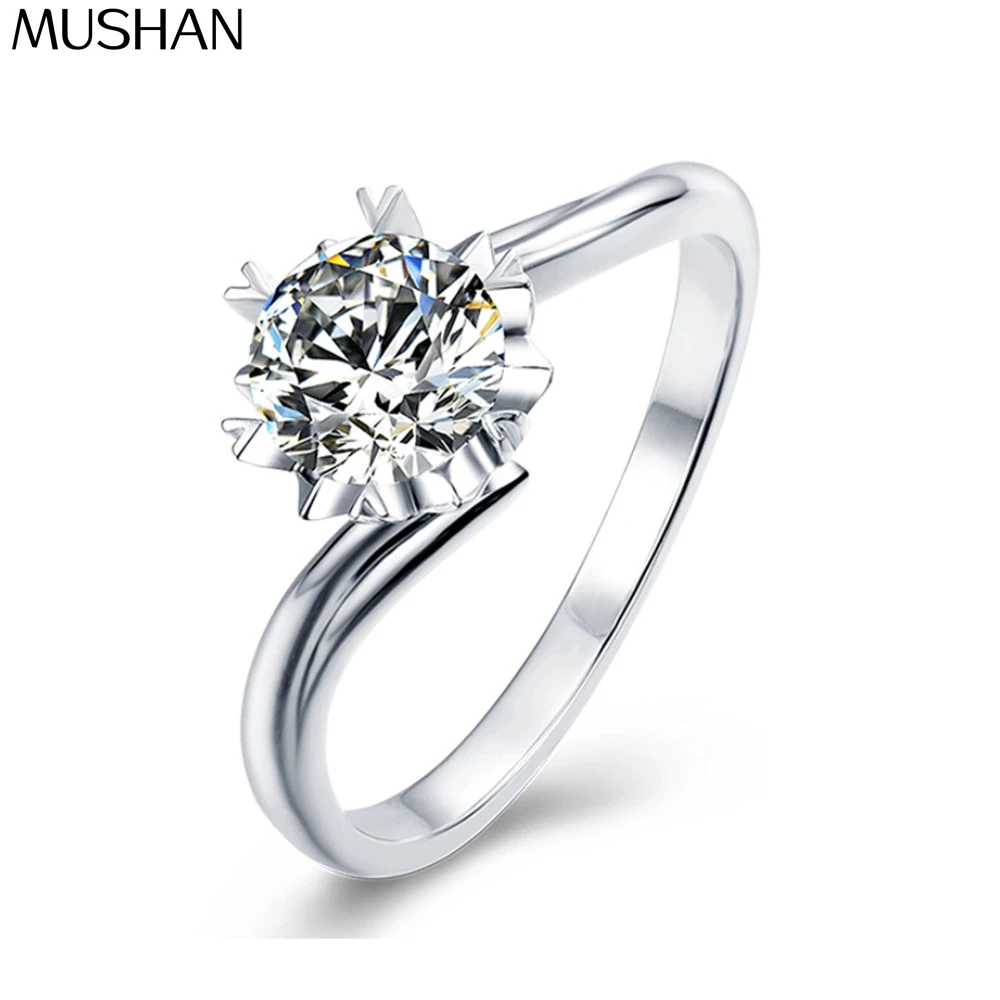 

MuShan Brand Jewelry 925 Sterling Silver Ring Round Moissanite Minimalist Ring for Her 18K Real Gold Plated MST Patent Rings