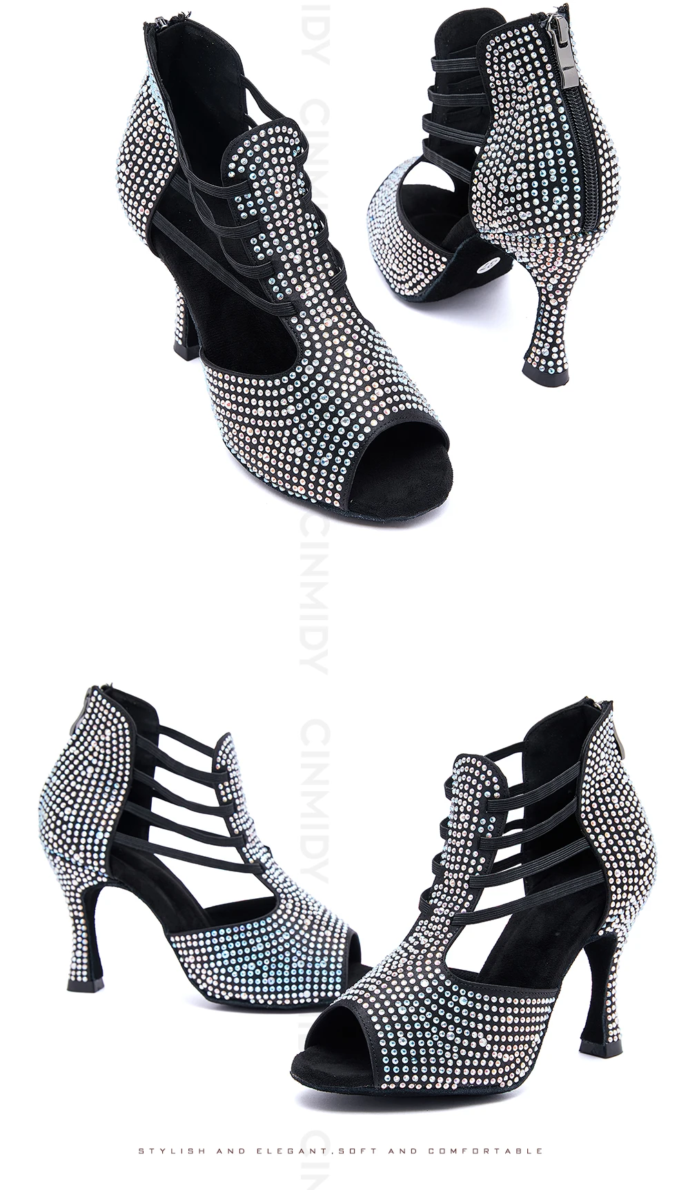 CINMIDY Schwarze Latein-Tanzschuhe für Damen, Salsa-Tanzschuhe mit Strass, Weiche Sohle, Ballsaal-Tanzsandalen, Party-High-Heels – Detail 14