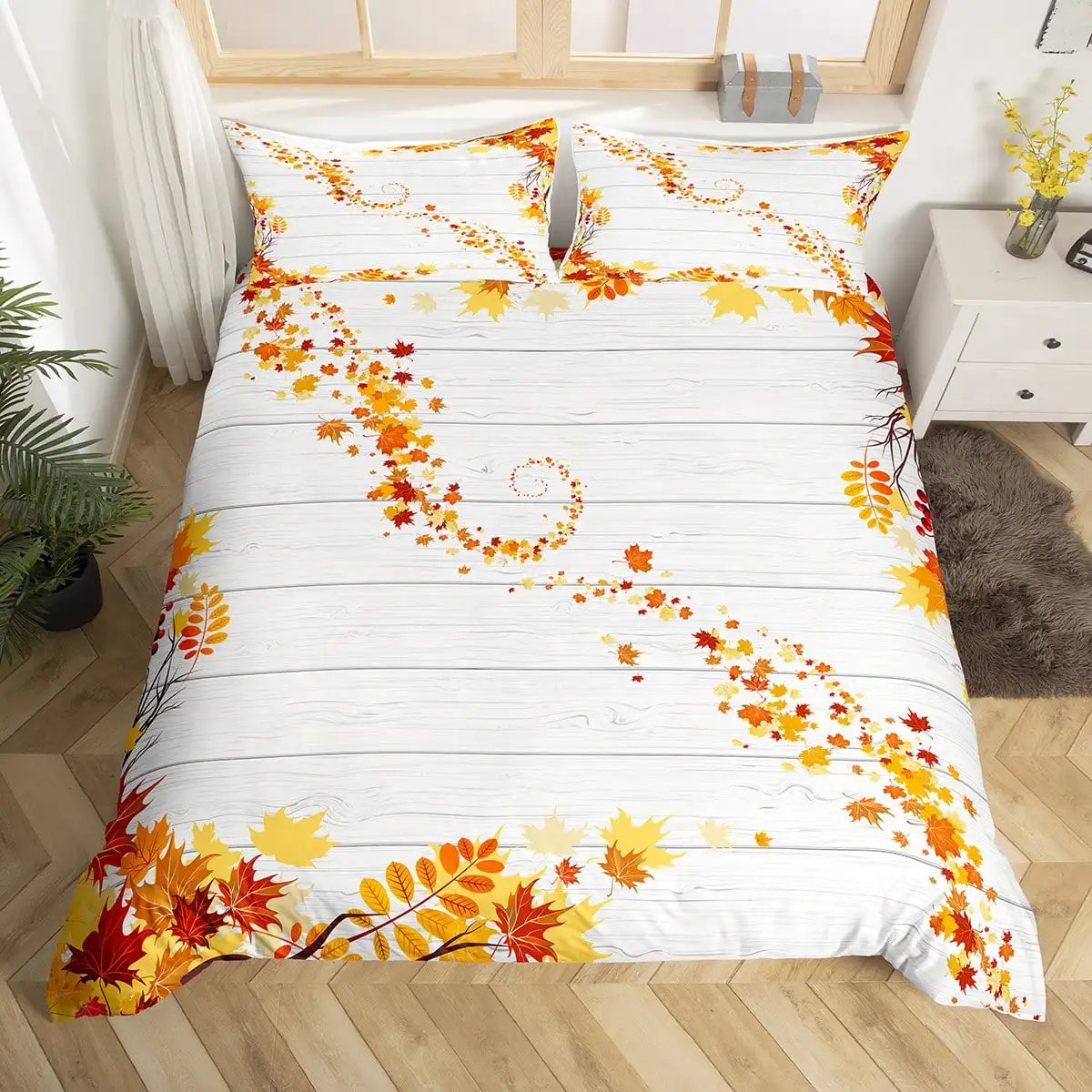 Maple Leaf Duvet Cover Queen Autumn Leaves Bedding Set Old Wooden Plank Vintage Comforter Cover for Boys Adults Room/Cabin Decor