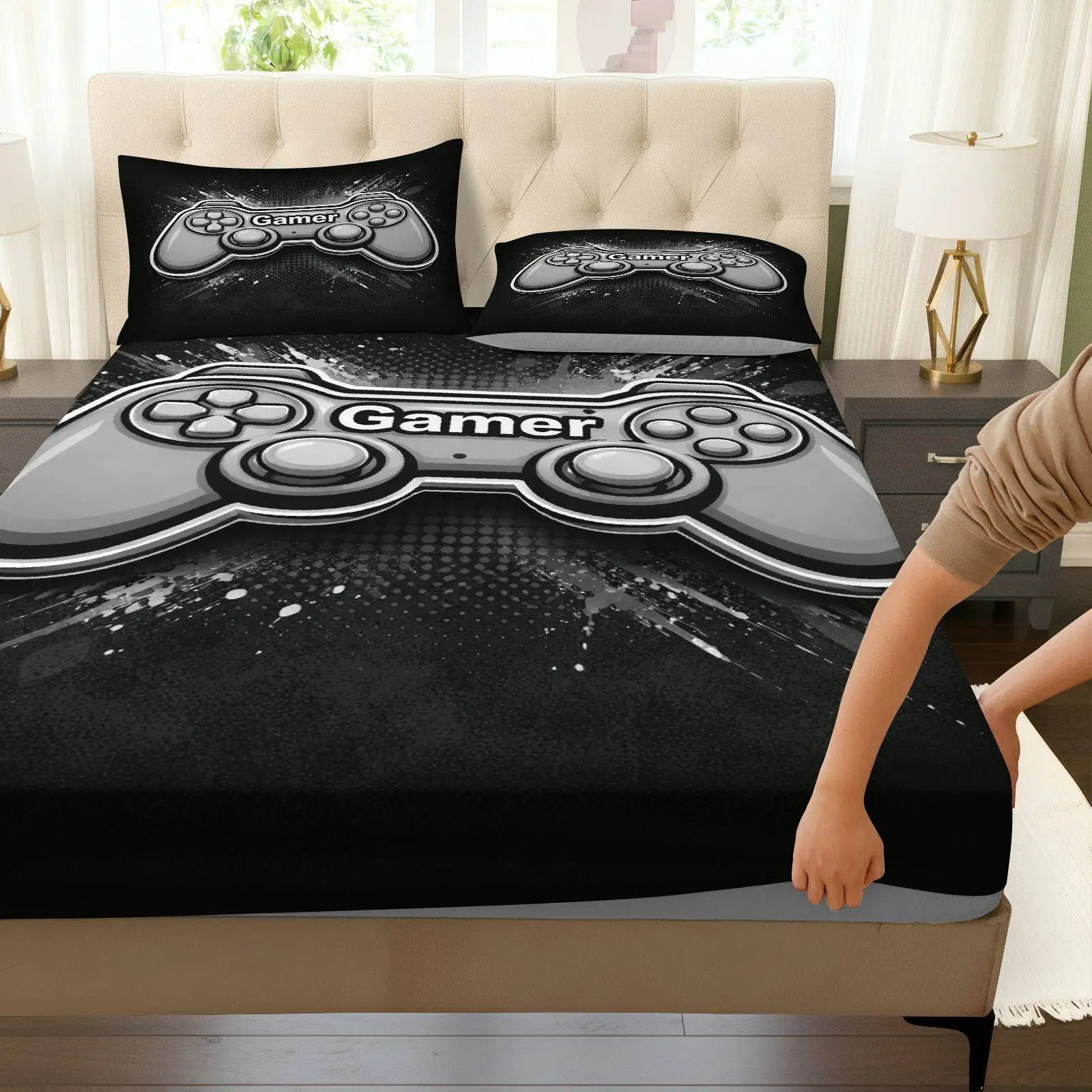 Digital Print Bed Sheet Set (includes 1 bed sheet + 2 pillowcases) Game Console Pattern Bed Sheet Set, Controller Bedding, Mattress Protector with Large Capacity Deep Pocket, 2D Print Bed Sheet and 2 Pillowcases, Bedding Mattress Protector, Elastic Bed Sheet Style, Protective Cover, Mattress Protector, Suitable for All Seasons, Machine Washable Design, Holiday Decoration, Various Sizes, Breathable Protective Cover with Pillowcases