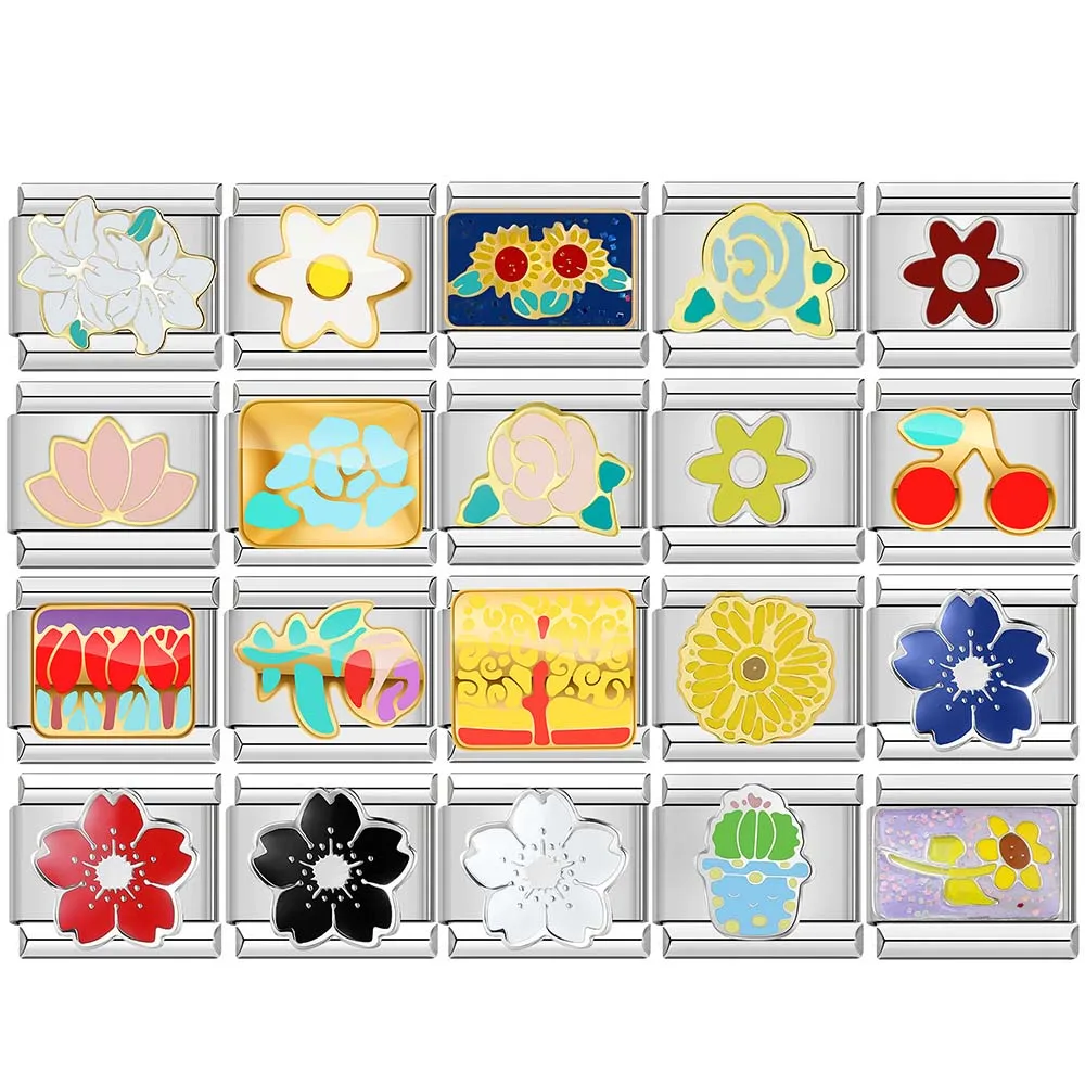 Blume Kaktus Sonnenblume italienische Charm Link Neutral Armband 2025, modisches elastisches Edelstahl-Armband DIY-Schmuck