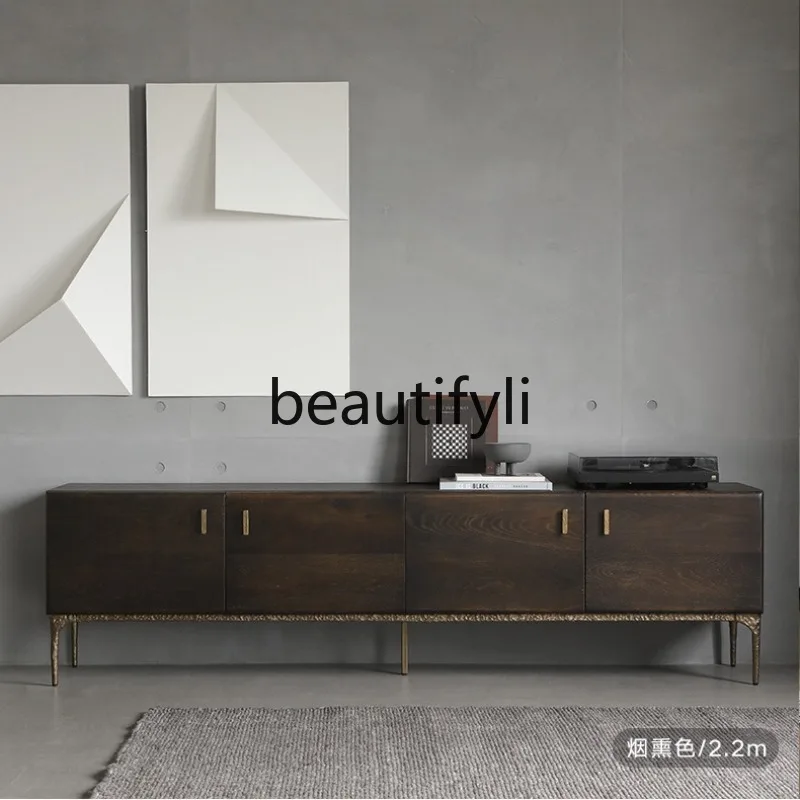 

Nordic Solid Wood TV Cabinet and Coffee Table Set Vintage Style Smoked Oak Solid Wood Modern Minimalist