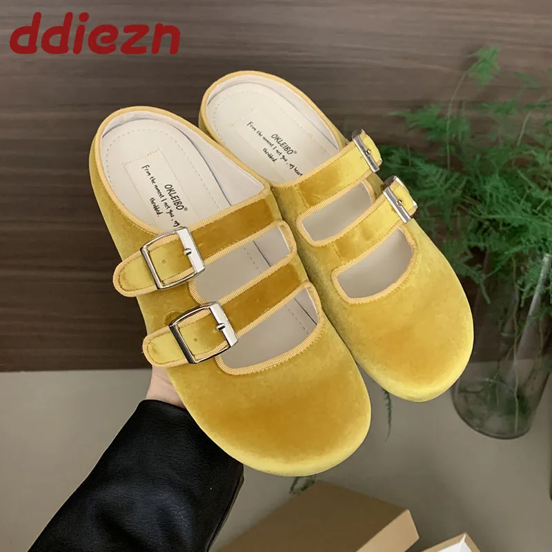 

Shallow Fashion Buckle Ladies Mary Janes Flats Shoes Female Round Toe Footwear Silk Women Flats Slides Mules Shoes