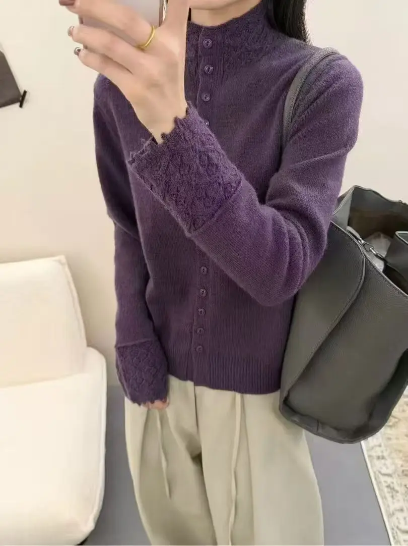 Cardigan en dentelle tricotée douce pour femme, Design fendu, coupe ample, décontracté, couleur Pure, boutonné, chaud, pull Long