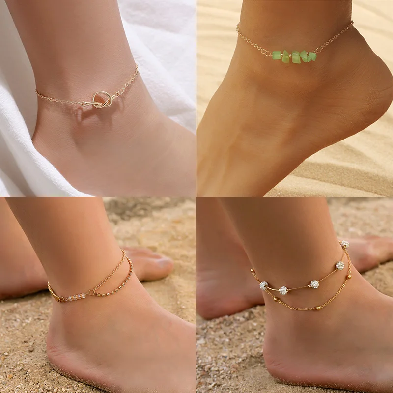 2025 Fashion Women Green Irregular Stones Anklet Foot Bangle Beach Footwear Anklets Summer Party Bohemian Style Jewelry
