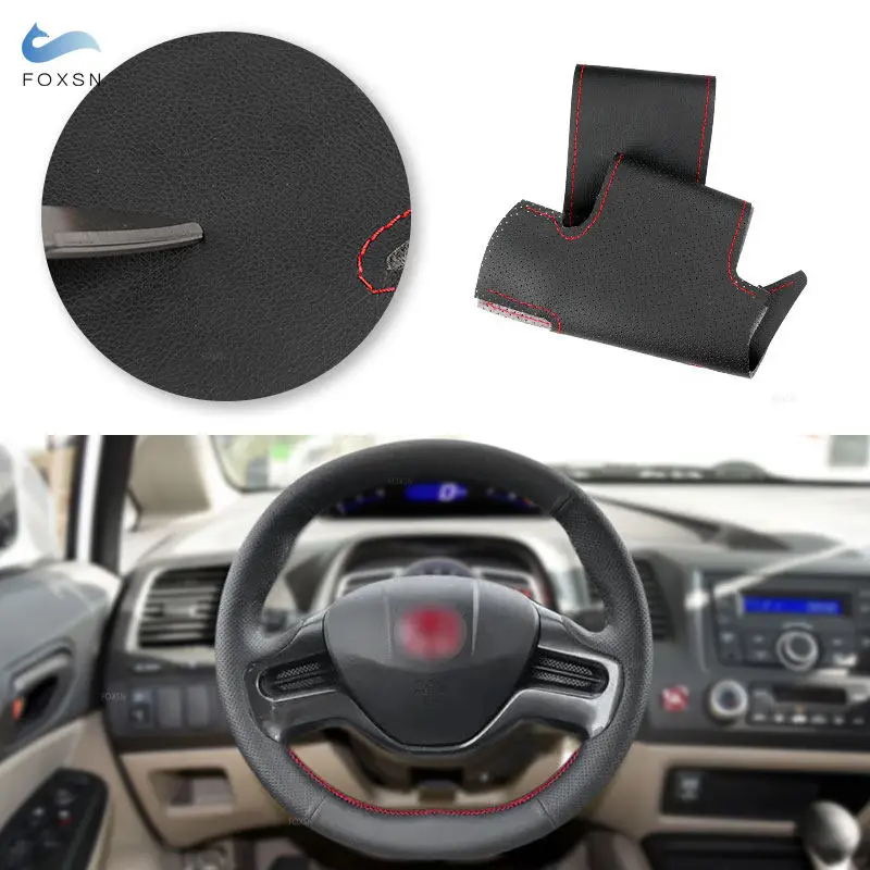 Perforated Microfiber Leather Car Accessories Inner Steering Wheel Cover Sticker Trim For Honda Civic 8th 2006 2007 2008 2-Spoke