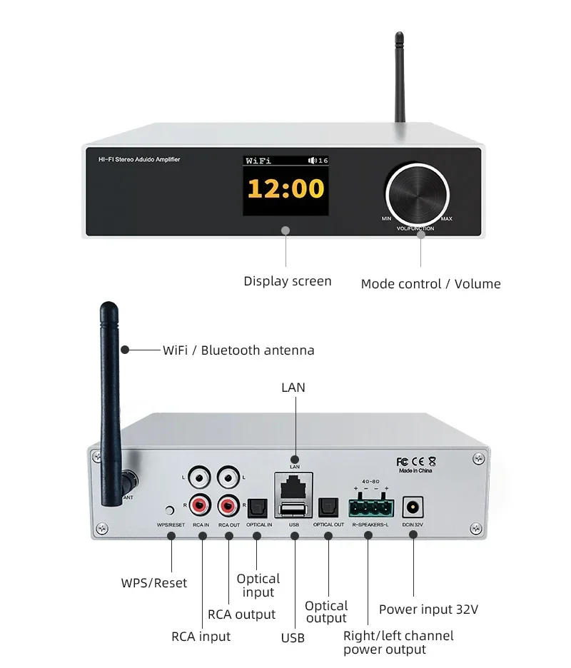 Wireless Audio Amplifier WiFi2.4G&5G Bluetooth 5.0 WiFi Stereo Power Amplifier With RCA USB OPTICAL Input