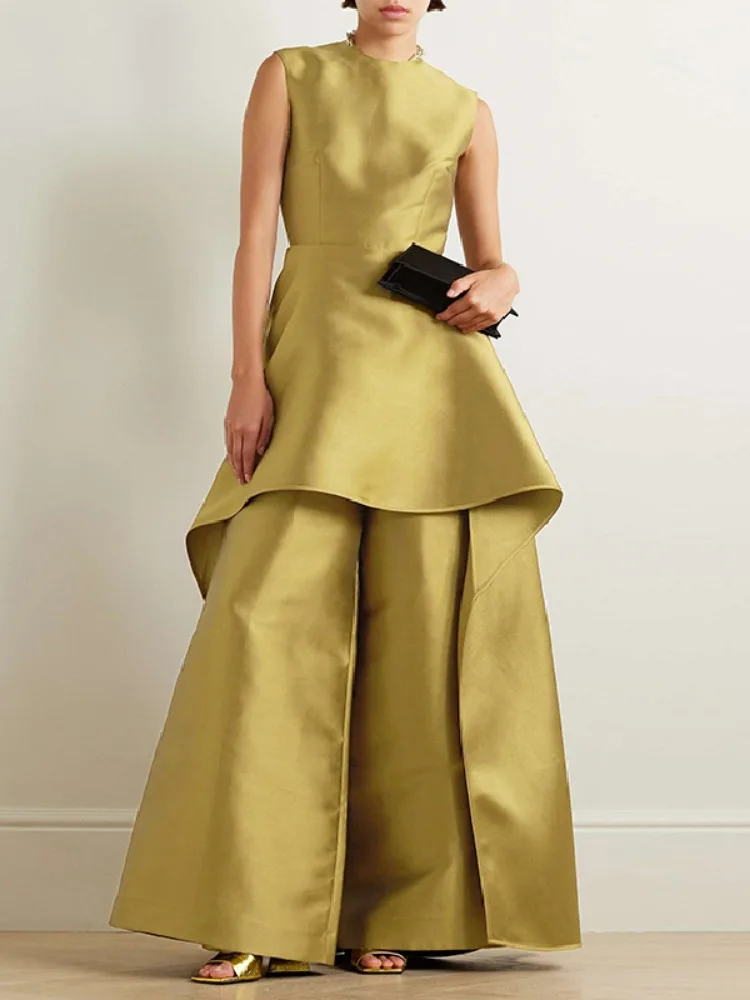 

Новинка 2023 года, женский деловой комбинезон, желтый комбинезон трапециевидной формы без рукавов с широкими штанинами, с высокой талией и рюшами, праздничная одежда, цельные костюмы