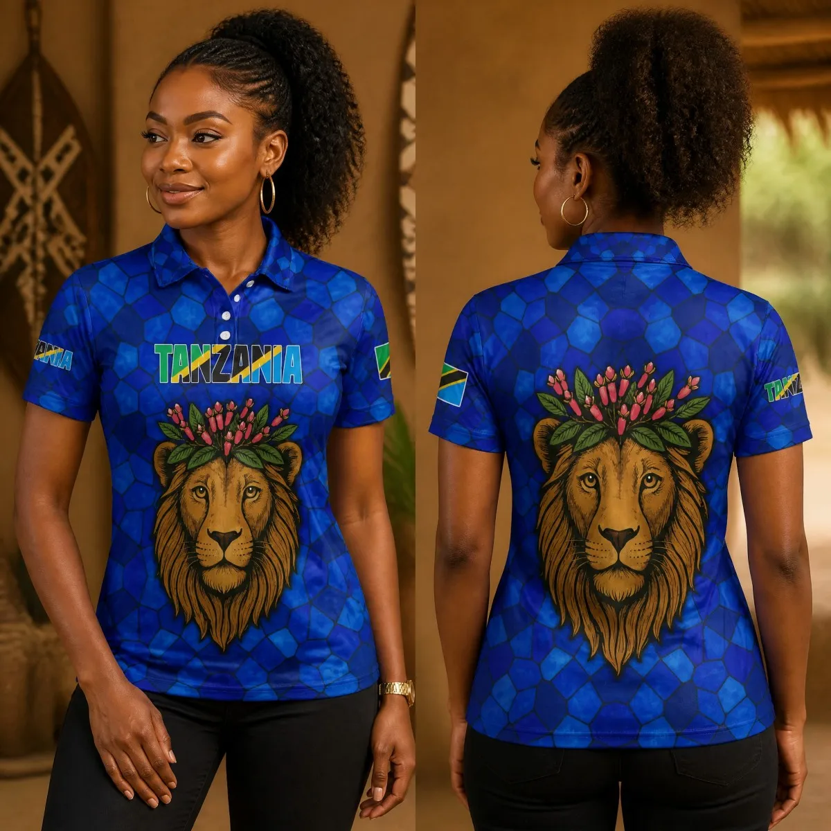 Women Tanzania Crest Pattern Polo Shirt Short Sleeve Collared Tee Casual Outdoor Travel Fashion Slim Fit Top Chic Elegant