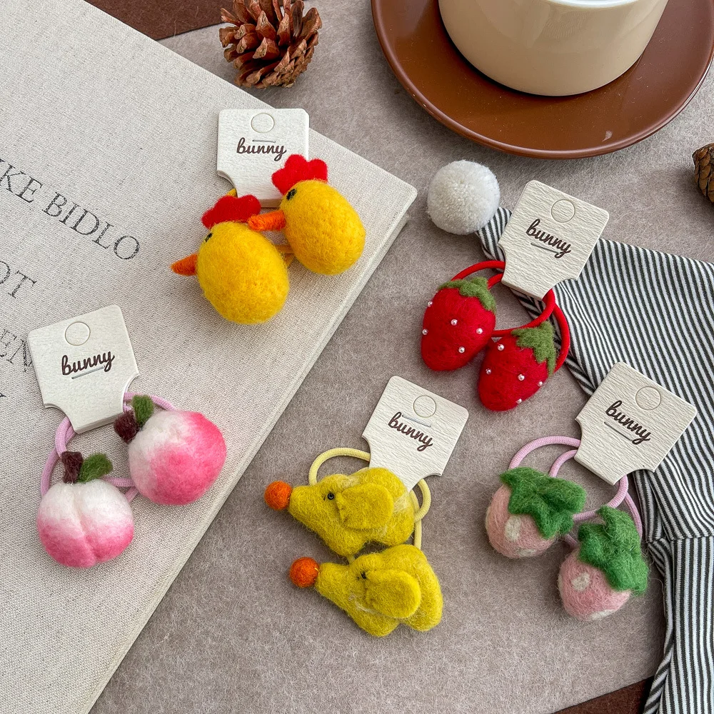 2pcs Wool Felt Chick Strawberry Scrunchies Elastic Hair Band Cute Cartoon Girl Hair Rope Tie Rubber Band Kids Hair Accessories