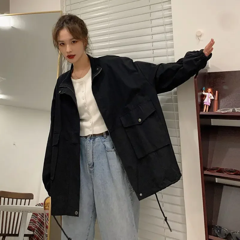 New Trench Coat Women Korean Loose Harajuku Style Long-sleeved Windbreak Jacket Female Vintage Autumn Clothes Big Pocket