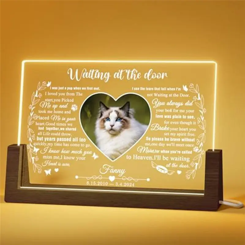 [NEWA08R】 8Inch Wooden U-Shaped Luminous Base Display Frame Wooden Frame LED Personalized Cat Memorial Gifts For Loss Of Cat Eas