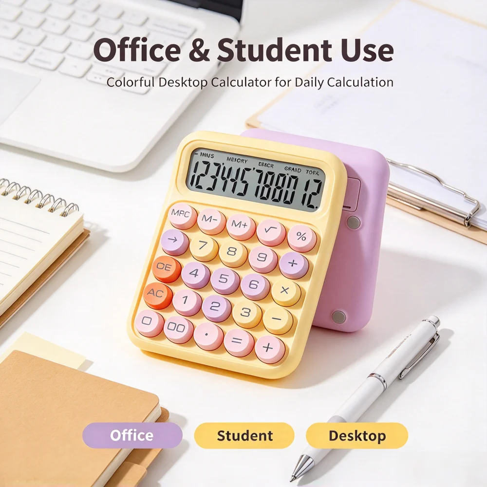 Candy Color Calculator 12 Digit Desktop Calculator with Round Keys Stylish Color Calculator for Office Student and Daily Use