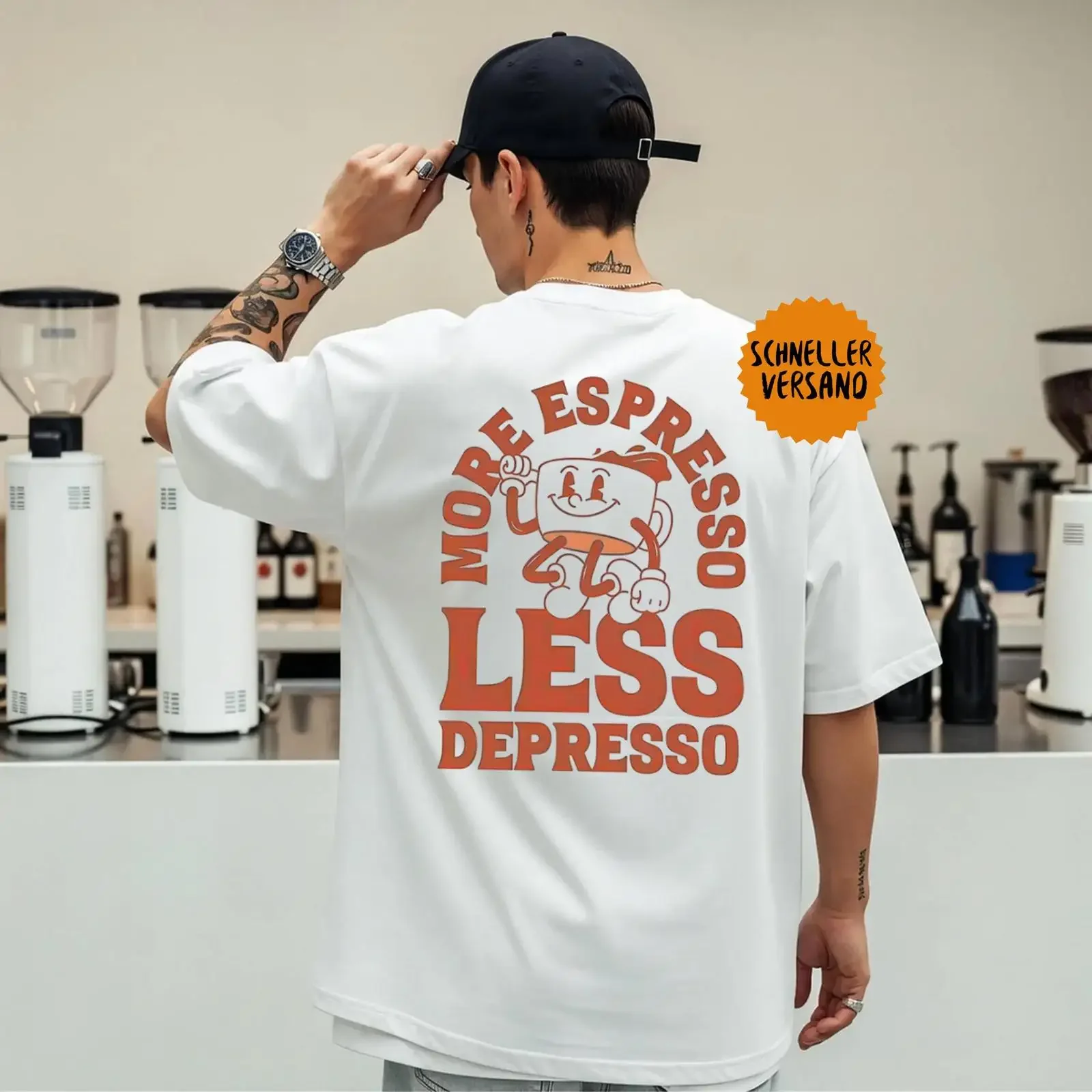 More Espresso Less Depresso Retro Cartoon T Shirt Casual Cotton For Coffee Lovers Barista Funny  vintage Washed homme