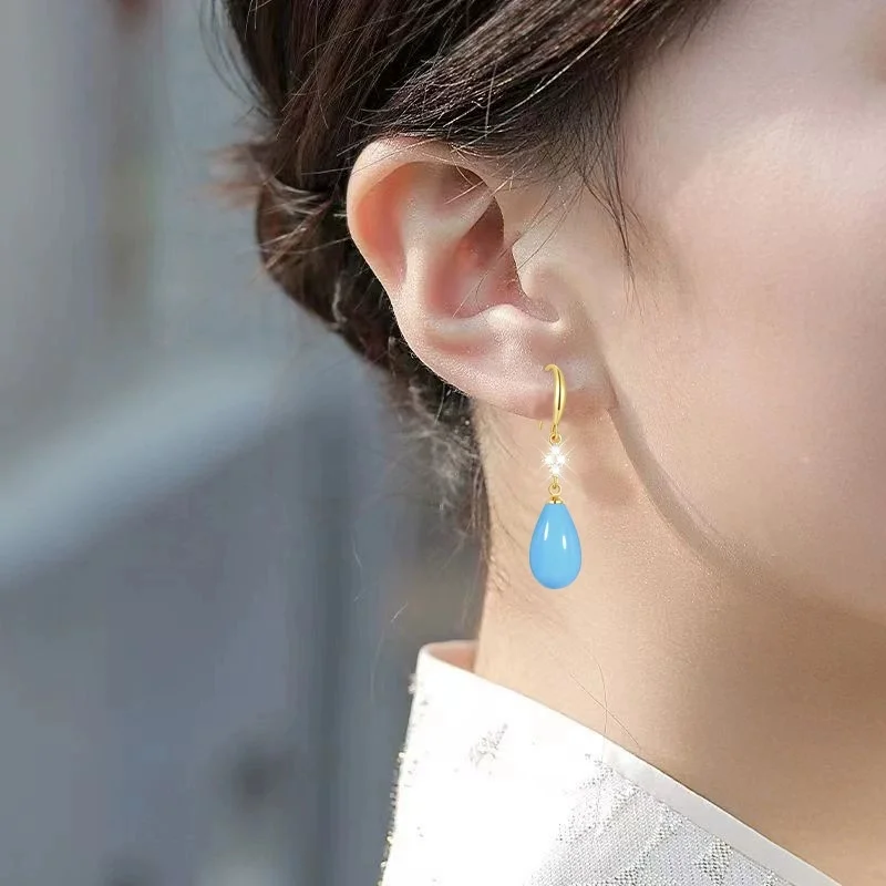 Neue Modische Jade-Ohrringe für Frauen, Tropfenförmige Weiche Jade-Ohrringe, Blaue Wassertropfen-Schmuckstücke, Vierblättriger Klee Edelstein-Schmuck – Detail 7