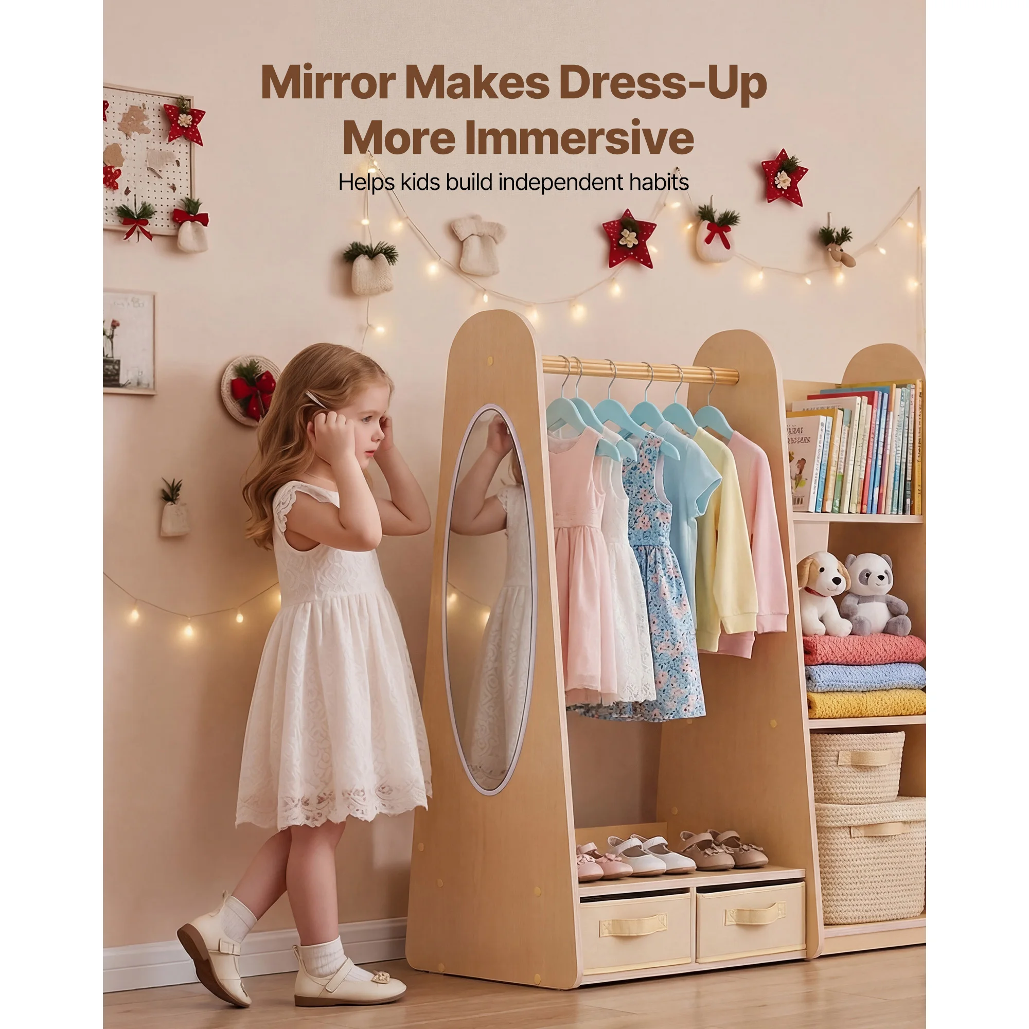 SucceBuy Kids Wooden Dress Up Storage with Mirror Children Dress Up Rack Toddler Wardrobe Closet for Girls Bedroom Home Storage image 5