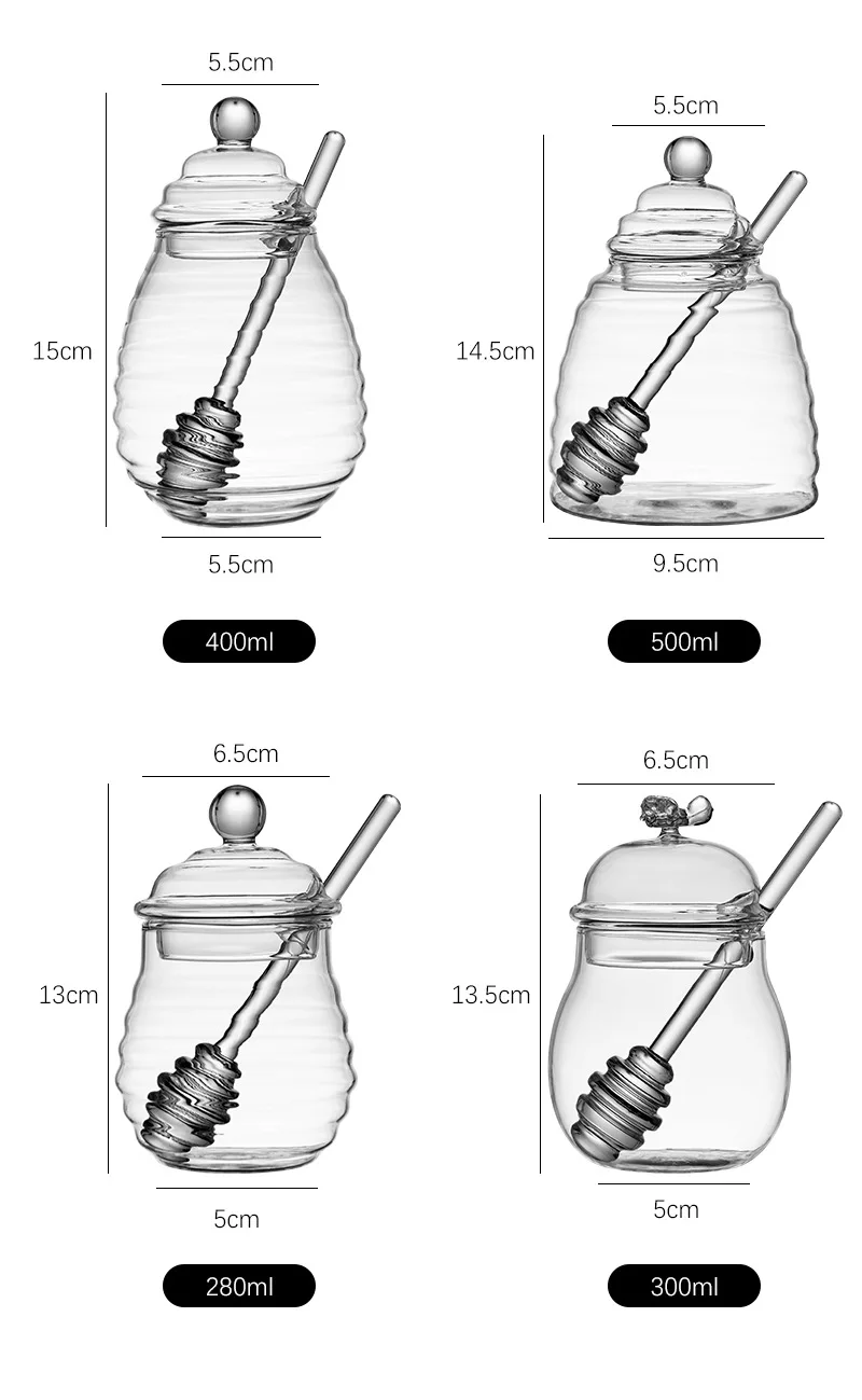 Glass Honey Jar Clear Glass Honey Pot with Dipper Spoon Small Kitchen Storage Bottle Jar Honey Server Container for Syrup