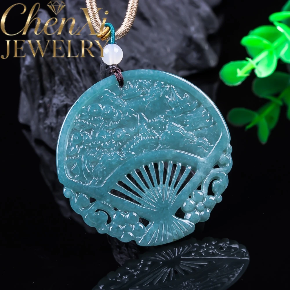Natural A-Grade Blue Water Jadeite Pendant Hollow Out Fan Shape Carving Ornament For Collection Display Exquisite Elegant Gift
