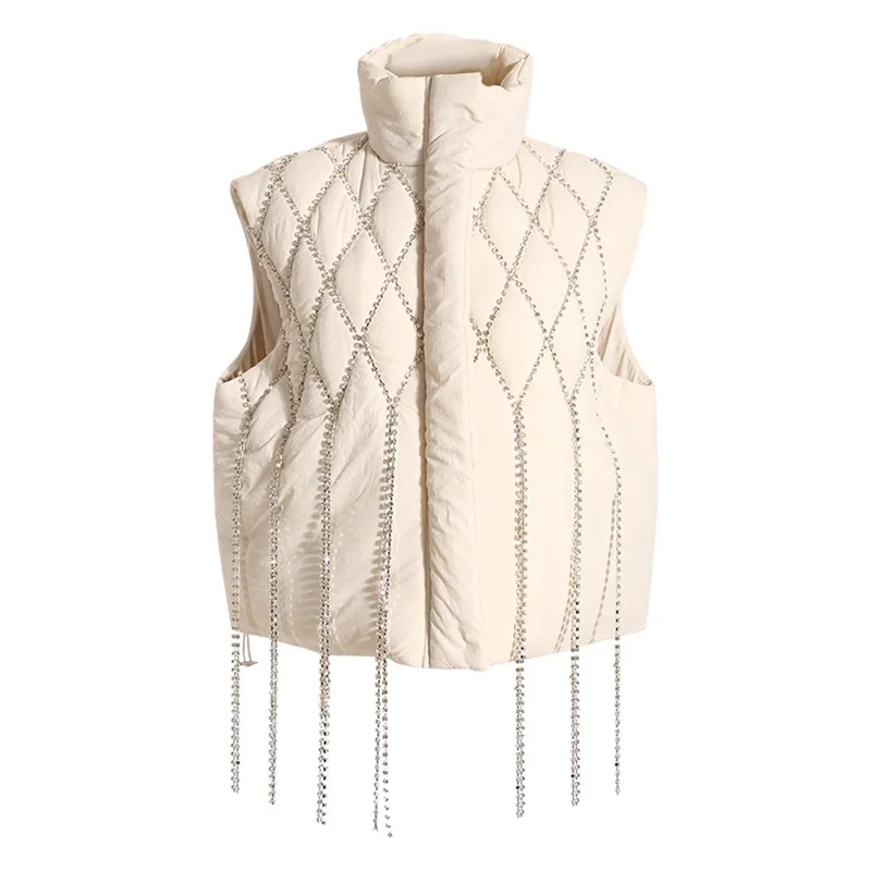 Rhinestones Tassels Women Vest Cotton Jacket Elegant Stand Collar Sleeveless Coat Loose Apricot Long Sleeve Tops Newest In Stock