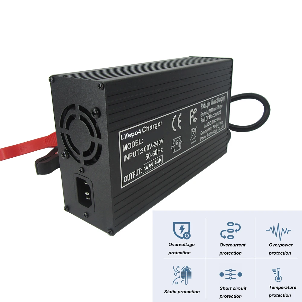 12V 40A Lifepo4 고속 충전기 4S 14.6V 리튬 철 인산염 태양계 RV 배터리 충전기 220V 악어 클립