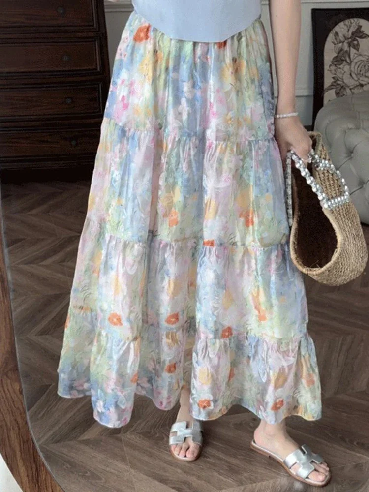 Mousseline de soie jupe longue florale femmes taille haute Vintage élégant doux jupes coréen rétro ample été femme une ligne jupe longue